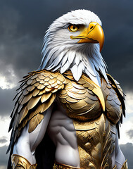 Fantasy depiction of a powerful eagle warrior adorned with intricate armor, showcasing a muscular physique against a dramatic sky backdrop. Perfect for concept art and fantasy themes.