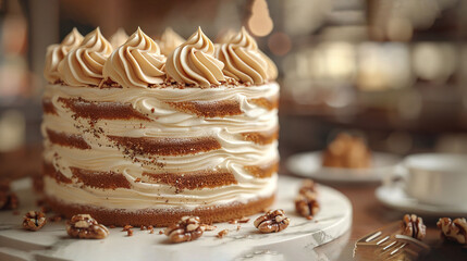   A close-up of a cake adorned with frosting and walnuts on a plate, with a cup of coffee in the background