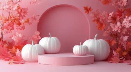 Canvas Print - Autumn-inspired display featuring white pumpkins and colorful leaves on a soft pink background