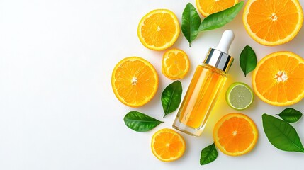 Wall Mural -  A clear bottle of orange essential oil sits surrounded by sliced oranges and limes on a white background, with fresh green leaves in the foreground