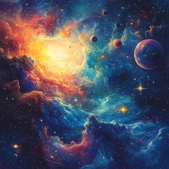 Wall Mural - Vibrant cosmic scene with planets and colorful nebulae.