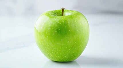   A green apple rests atop a white table beside a green apple with a bitten-out section