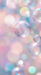 Poster - floating soap bubbles with pastel bokeh background, dreamy atmosphere. tranquility and serenity concept