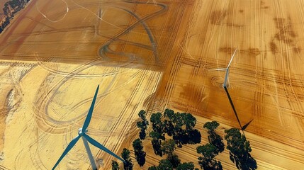 an aerial shot of a plowed field with wind turbines in the background and trees in the distance