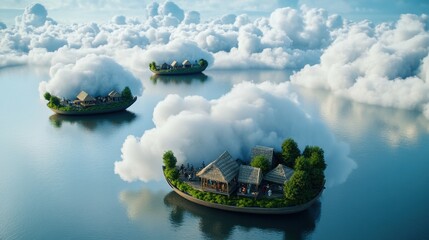 Sticker - A group of floating islands with houses on them in the clouds, AI