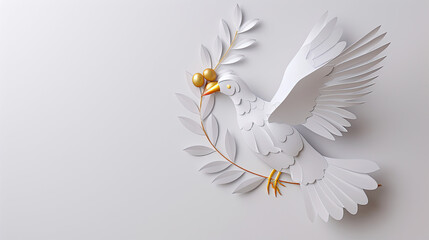 3d papercut illustration of flying dove with leaves on white background, peace symbol, Bird of Peace and kindness