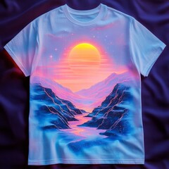 Wall Mural - Vibrant sunset landscape on a graphic t-shirt design.