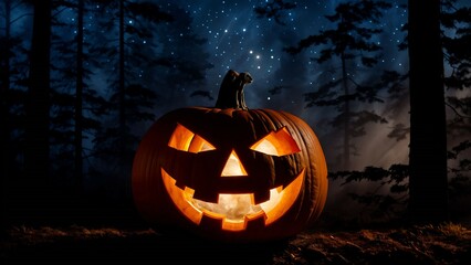 Large glowing jack-o-lantern in autumn forest under starry sky