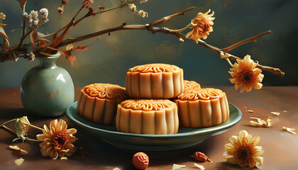 Wall Mural - Mid-Autumn Festival: Still Life with Traditional Mooncakes and Dry Flowers