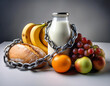 © Emil - Chain is surrounding fresh food like fruits, milk and bread, representing famine and hunger issues