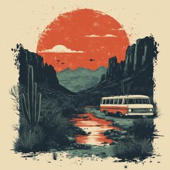 Sticker - Vintage van in a desert landscape at sunset.