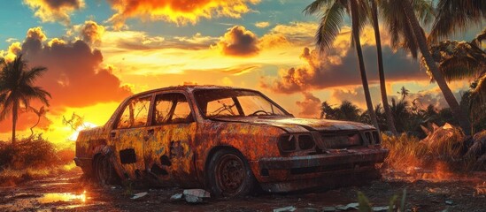 Poster - Rusty Car at Sunset in Tropical Paradise