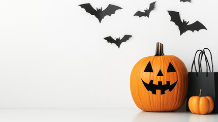 Wall Mural - halloween jack o lantern with pumpkin with bats on background