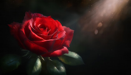 Single red rose with green leaves is blooming under a ray of light coming from the right side, leaving the background dark