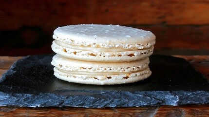   A plate with four black cookies atop a dark slate slab resting on a wood table