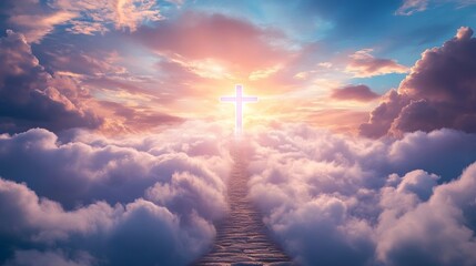 Poster - Pathway through clouds leading to luminous cross, serene atmosphere. Spiritual journey and faith concept