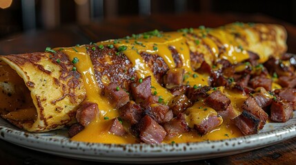   A close-up image of a plate containing a burrito wrapped in cheese and bacon, garnished with chives