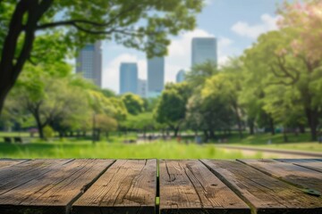 Wall Mural - Empty wooden table with blurred city park on background