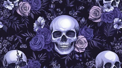 A Human Skull Decorated with Purple and White Flowers and Foliage