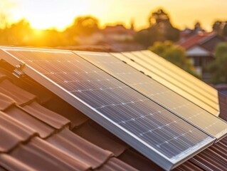 Wall Mural - Solar Panels on a Roof During Sunset