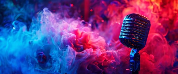 A classic vintage microphone stands out against a backdrop of swirling colorful smoke and vibrant lighting, evoking the atmosphere of a lively music performance or a retro-themed event. The image