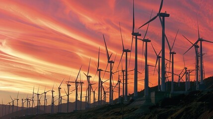 Wall Mural -   A hill dotted with wind turbines against a red sky during sunset