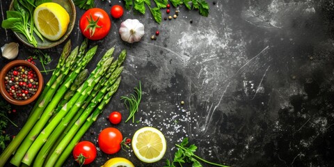 Healthy balanced food top view. Organically fresh fruits and vegetables on the table. Generative AI.