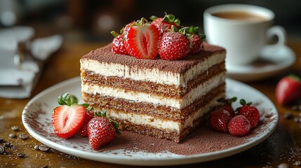 Wall Mural -   A slice of cake topped with chocolate frosting and fresh strawberries on a dish, paired with a steaming cup of coffee in the backdrop