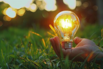 hand hold light bulb on grass with sunset power energy concept nature