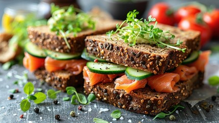 Wall Mural -   A photo of a sandwich with cucumber, tomato, and other toppings on bread