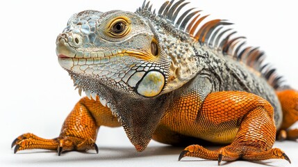 Wall Mural - Closeup of Green Iguana with Orange Scales on White Background