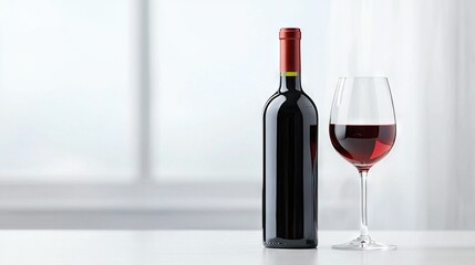 Poster -   A glass of red wine sits beside a bottle on a white table with a window in the background