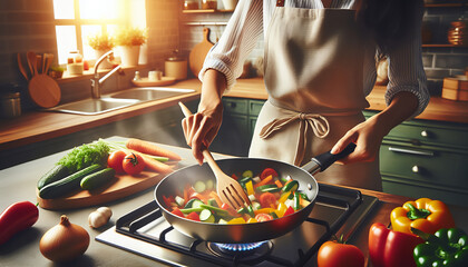 a person cooking vegetables in a frying pan, surrounded by fresh ingredients and kitchen utensils.