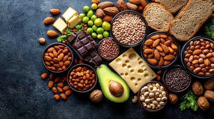 Wall Mural -   A circle of various nuts, avocado, bread, cheese, and other foods is displayed