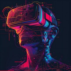 Poster - Cyberpunk VR headset user exploring the digital world with neon lights and futuristic technology