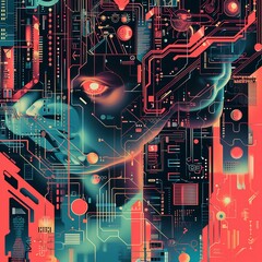 Wall Mural - Abstract cyberpunk face with neon lights and digital circuitry. Futuristic technology, AI, and virtual reality concept