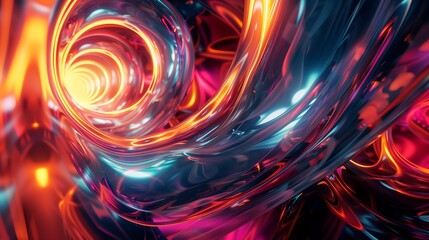 Canvas Print - Abstract 3D digital art of swirling glowing neon light tunnel