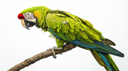 Wall Mural - Green winged Macaw Parrot Perched on Branch Isolated on White Background