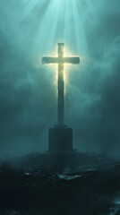 Poster - Illuminated cross in foggy landscape