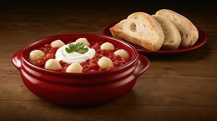 Wall Mural -   A red bowl filled with food sits beside a slice of bread atop a wooden table