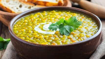 Wall Mural -   A bowl of corn soup topped with sour cream and parsley served with bread on the side