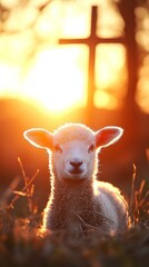 Poster - Lamb in sunset field with cross silhouette, peaceful scene. Spiritual and pastoral concept