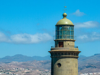 Aerial view of Maspalomas lighthouse, Gran Canaria, Spain.The seafront at Punta de Maspalomas, is dominated by a 56-metre-high lighthouse, El Faro de Maspalomas