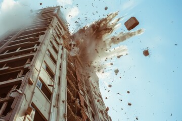 A towering building is in the midst of a dramatic explosion, with debris and dust being forcefully ejected into the air against a bright blue sky.