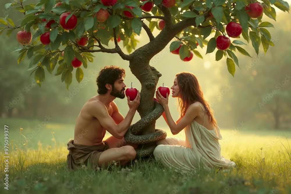 lapse from virtue. Adam and Eve in Garden of Eden. Eva giving Adam red ...