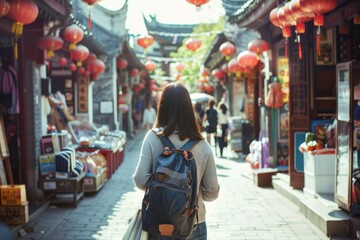 A traveler with a backpack explores a vibrant, lantern-adorned street market, capturing the spirit of adventure and cultural immersion.