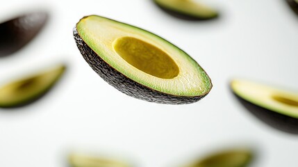 Wall Mural - avocado sliced in half on white surface with other avocados in background