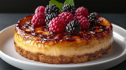 Wall Mural -  A white plate holds a cheesecake with raspberries and blackberries