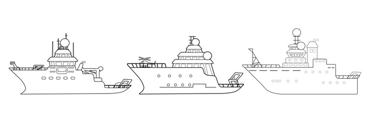 Wall Mural - Group of three black white isolated research vessels. Each vessel poised for scientific discovery with specialized equipment on white background