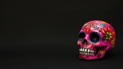 Decorative Dia de los Muertos skull with intricate pink and blue floral patterns on a black background.